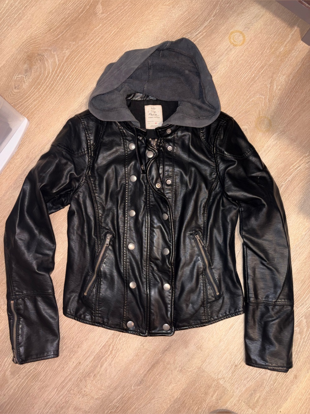 Free People Black Vegan Leather Hooded Jacket